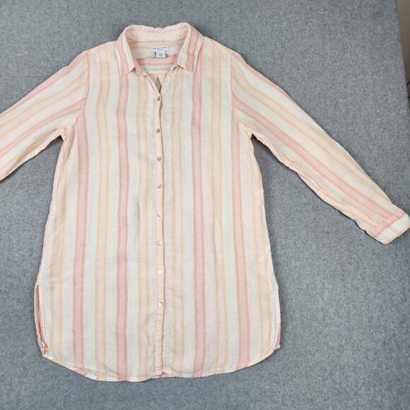 ANTIBES BLANC Linen Tunic Length Top Women Sz Medium Roll Tab Sleeves TINY FLAW - Picture 3 of 11